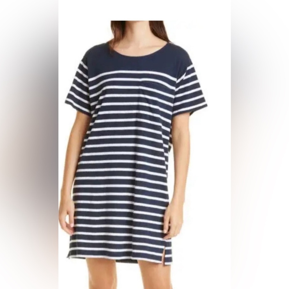 La Ligne. Very Soft Classic Navy White Striped T-Shirt Dress Coastal Resort XL